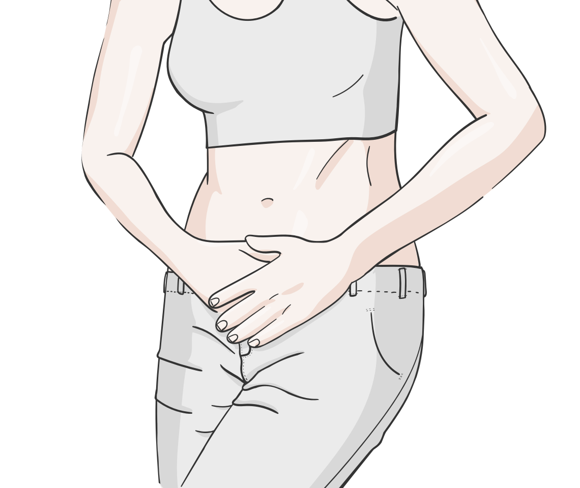 Illustration einer Frau, die sich beide Haende vor den Unterleib haelt, die Beine scheinen leicht verkrampt zu sein