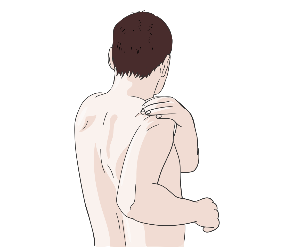 Illustration eines bruenetten, oberkoerperfreien Mannes der sich mit seiner linken Hand auf die rechte Schulter fasst Illustration eines bruenetten, oberkoerperfreien Mannes der sich mit seiner linken Hand auf die rechte Schulter fasst