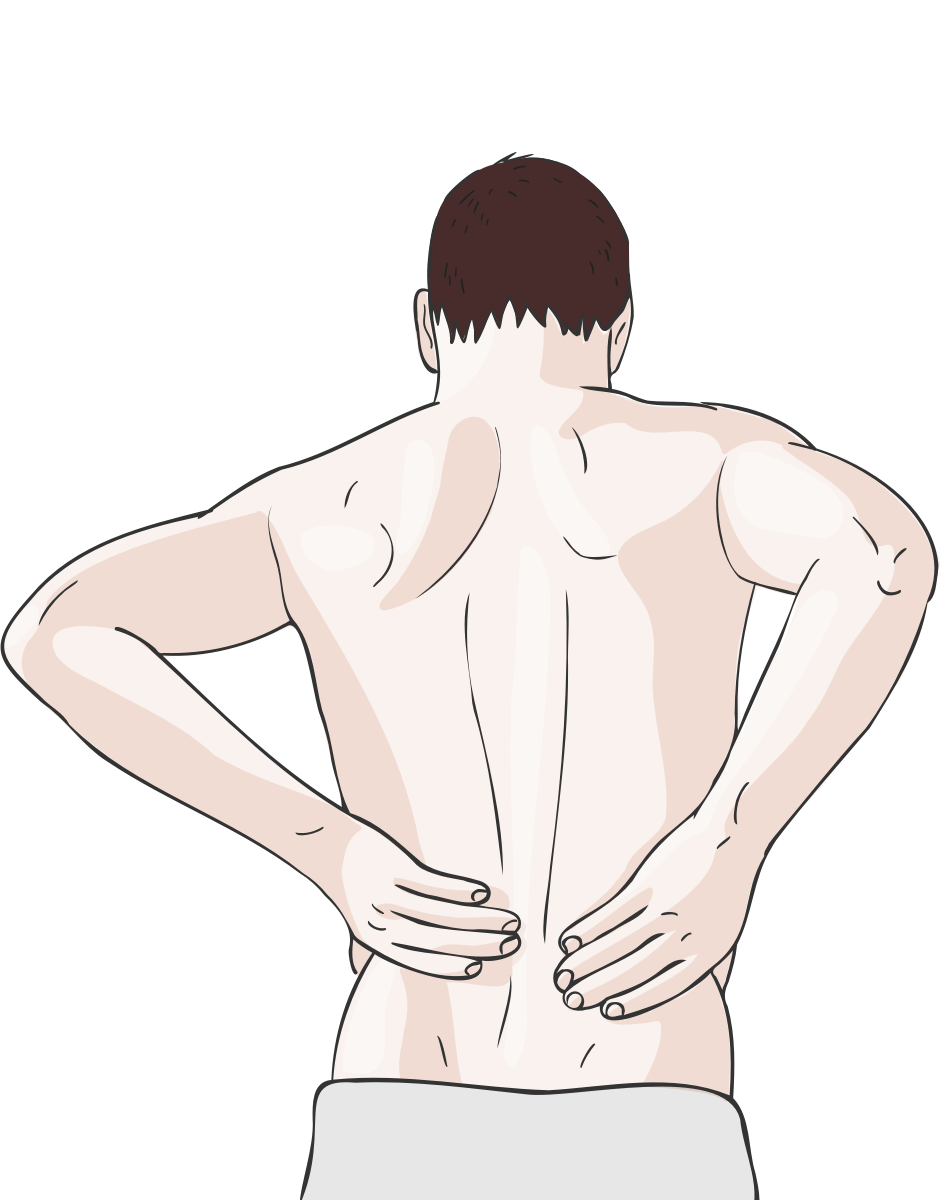 Illustration: Mann mit freiem Oberkoerper haelt sich den unteren Ruecken Illustration: Mann mit freiem Oberkoerper haelt sich den unteren Ruecken